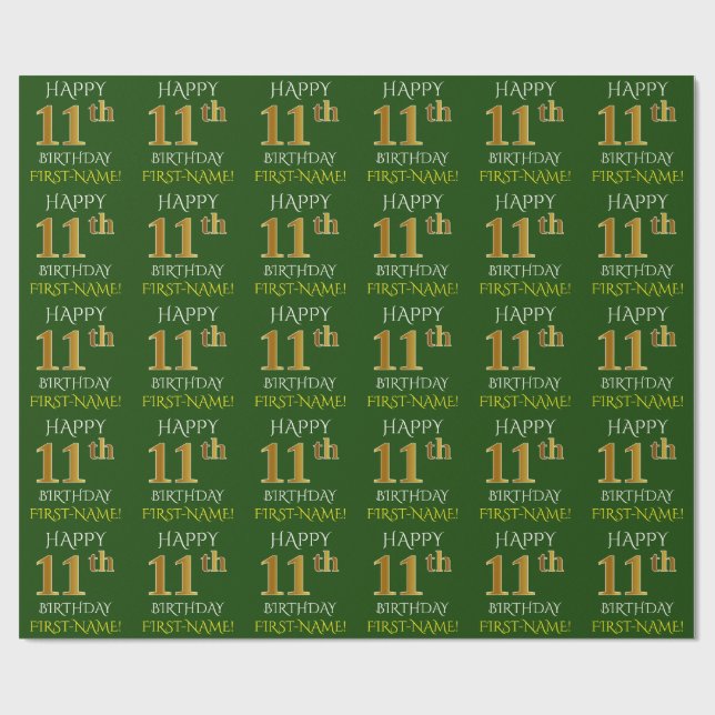 Papel De Presente Verde, Faux Dourado "FELIZ ANIVERSÁRIO 11" (Aberto)