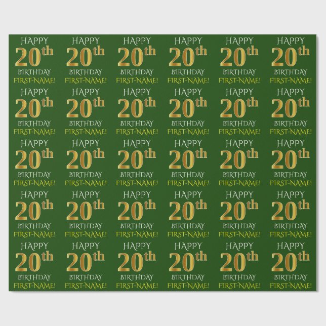 Papel De Presente Verde, Faux Dourado "FELIZ ANIVERSÁRIO 20" (Aberto)