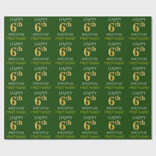 Papel De Presente Verde, Faux Dourado "FELIZ ANIVERSÁRIO 6" (Aberto)