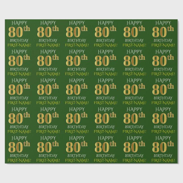Papel De Presente Verde, Faux Dourado "FELIZ ANIVERSÁRIO 80" (Aberto)