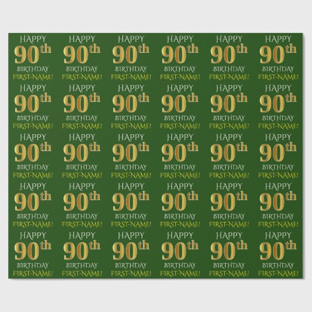 Papel De Presente Verde, Faux Dourado "FELIZ ANIVERSÁRIO 90" (Aberto)