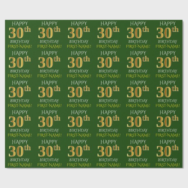 Papel De Presente Verde, Faux Dourado "FELIZ aniversário de 30 anos" (Aberto)