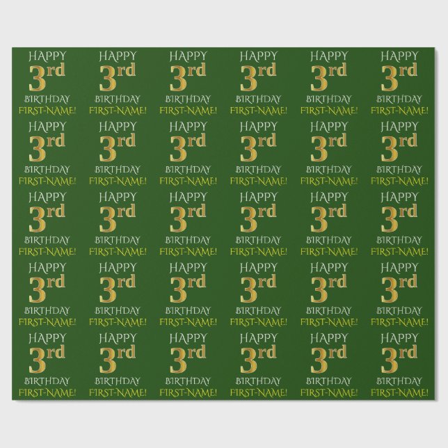 Papel De Presente Verde, Faux Dourado "FELIZ aniversário de 3 anos" (Aberto)