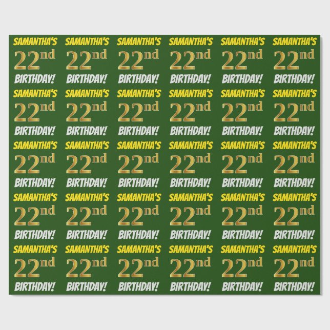 Papel De Presente Verde, Faux/Imitação Dourada, "22º ANIVERSÁRIO" (Aberto)