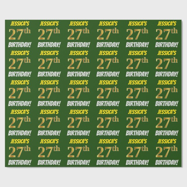 Papel De Presente Verde, Faux/Imitação Dourada, "27º ANIVERSÁRIO" (Aberto)