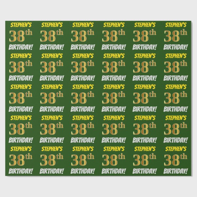 Papel De Presente Verde, Faux/Imitação Dourada, "38º ANIVERSÁRIO" (Aberto)