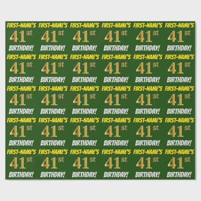 Papel De Presente Verde, Faux/Imitação Dourada, "41ruas ANIVERSÁRIO" (Aberto)