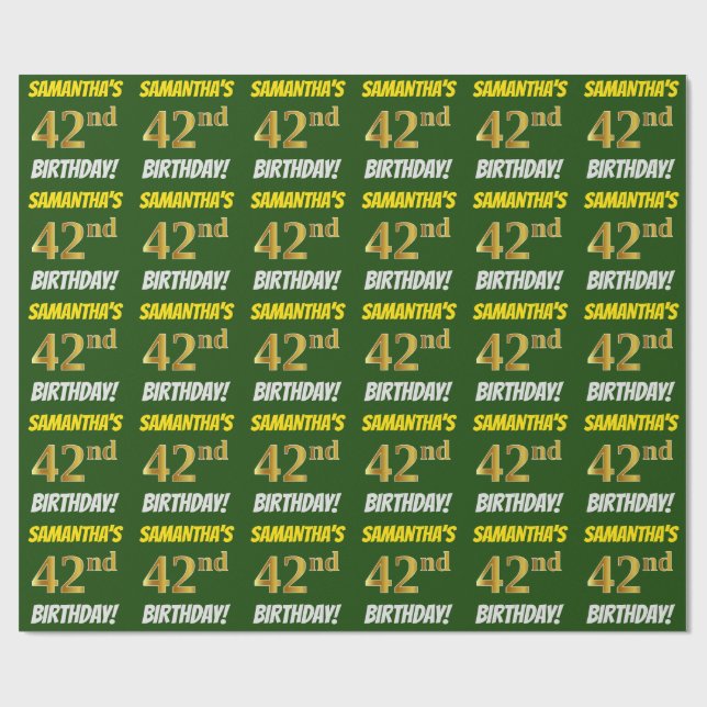 Papel De Presente Verde, Faux/Imitação Dourada, "42º ANIVERSÁRIO" (Aberto)