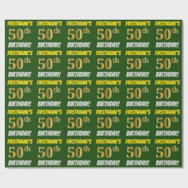 Papel De Presente Verde, Faux/Imitação Dourada, "50º ANIVERSÁRIO"