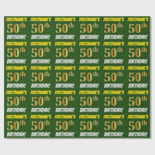 Papel De Presente Verde, Faux/Imitação Dourada, "50º ANIVERSÁRIO"