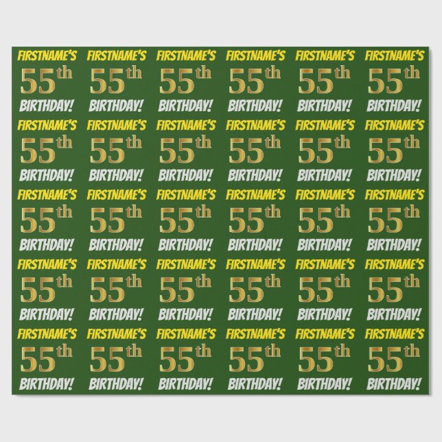 Papel De Presente Verde, Faux/Imitação Dourada, "55º ANIVERSÁRIO" (Aberto)