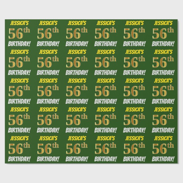 Papel De Presente Verde, Faux/Imitação Dourada, "56 ANOS" (Aberto)