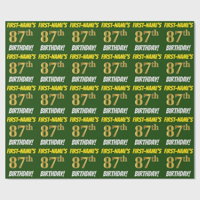 Papel De Presente Verde, Faux/Imitação Dourada, "87º ANIVERSÁRIO" (Aberto)