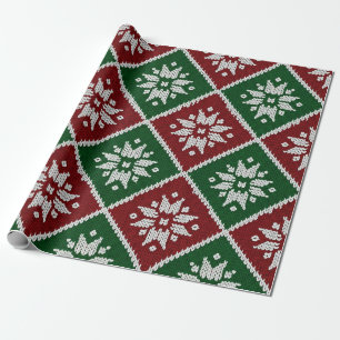 Papel De Presente Verde Festivo Vermelho e Branco Nórdico Tricô (3)