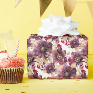 Papel De Presente Verde floral Dourado brilhante Púrpura Branco