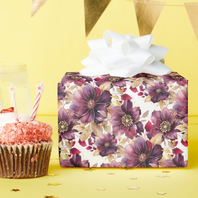 Papel De Presente Verde floral Dourado brilhante Púrpura Branco (Festa de aniversário)