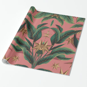 Papel De Presente Verde-Floral Elegante e Estrela Festiva Dourada