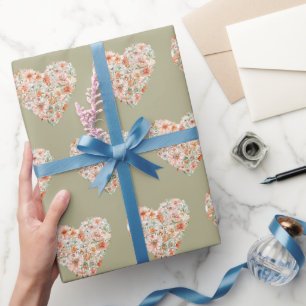 Papel De Presente Verde Floral Pêssego Laranja Rubor Corações Aniver