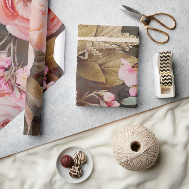 Papel De Presente Verde Floral Rosa Russo Eucalyptus (Artesanato)