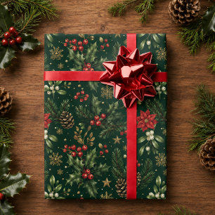 Papel De Presente Verde Floresta Botânico Azevinho Natal Férias
