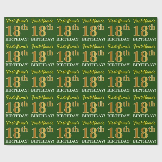 Papel De Presente Verde, Imitação Dourada, "18º ANIVERSÁRIO" (Aberto)