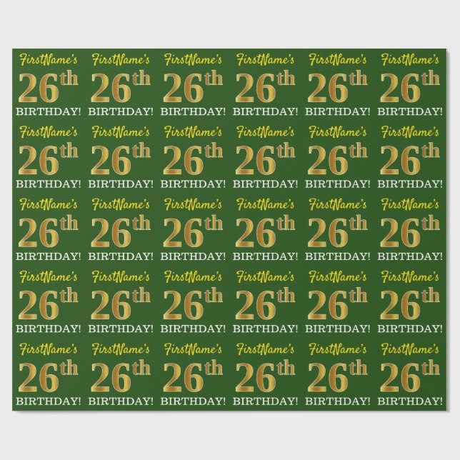 Papel De Presente Verde, Imitação Dourada "26 ANIVERSÁRIO" (Aberto)
