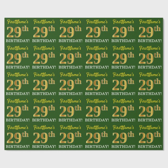 Papel De Presente Verde, Imitação Dourada, "29º ANIVERSÁRIO" (Aberto)