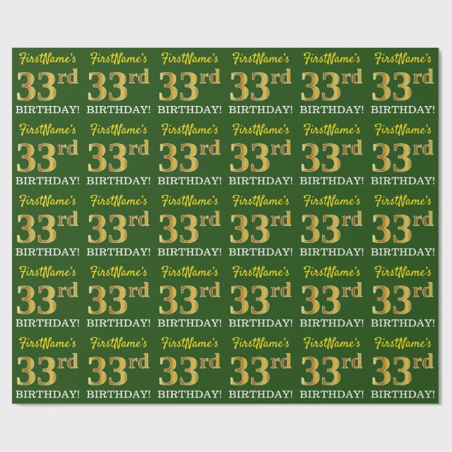 Papel De Presente Verde, Imitação Dourada, "33º ANIVERSÁRIO" (Aberto)