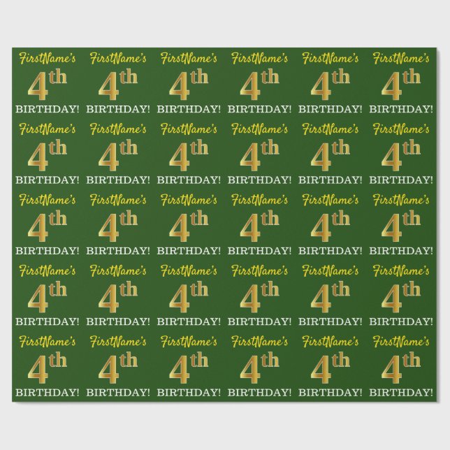 Papel De Presente Verde, Imitação Dourada, "4º ANIVERSÁRIO" (Aberto)