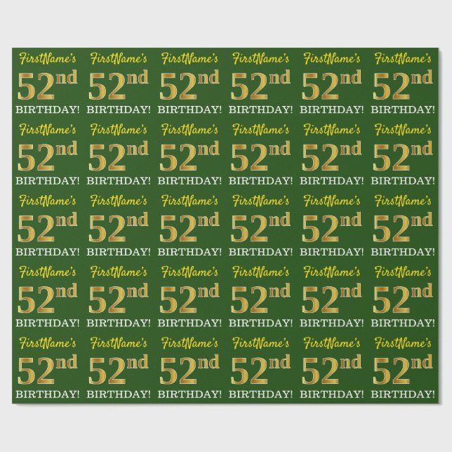 Papel De Presente Verde, Imitação Dourada, "52º ANIVERSÁRIO" (Aberto)