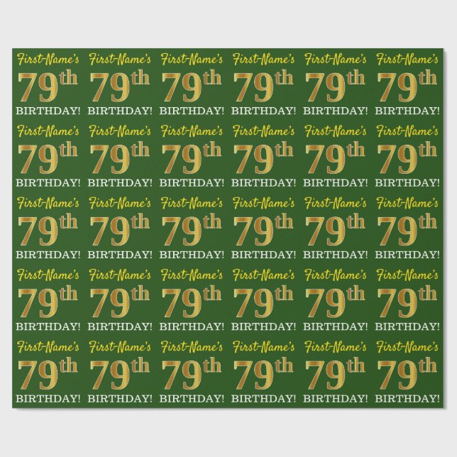 Papel De Presente Verde, Imitação Dourada, "79º ANIVERSÁRIO" (Aberto)
