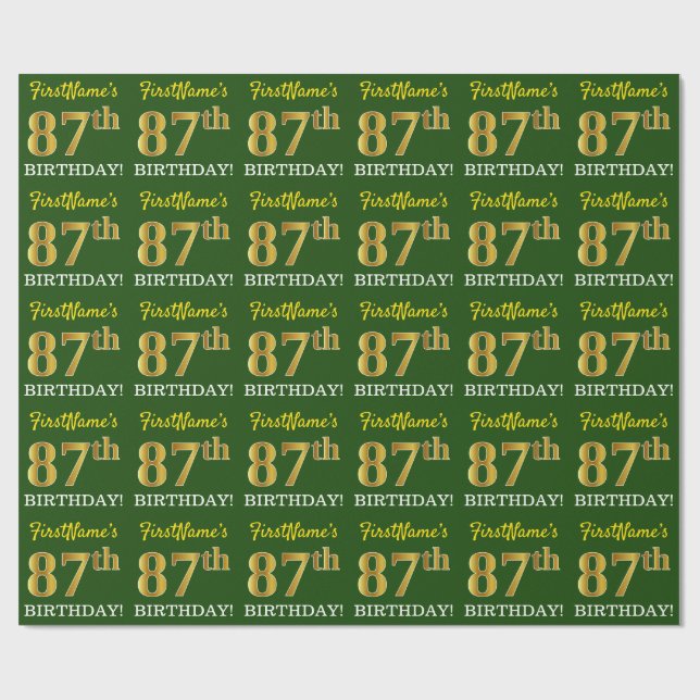 Papel De Presente Verde, Imitação Dourada "87º ANIVERSÁRIO" (Aberto)