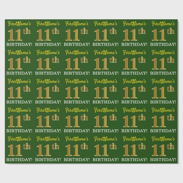 Papel De Presente Verde, Imitação Dourada Olha "11 de ANIVERSÁRIO" (Aberto)