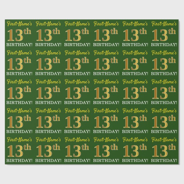 Papel De Presente Verde, Imitação Dourada Olha "13 de ANIVERSÁRIO" (Aberto)