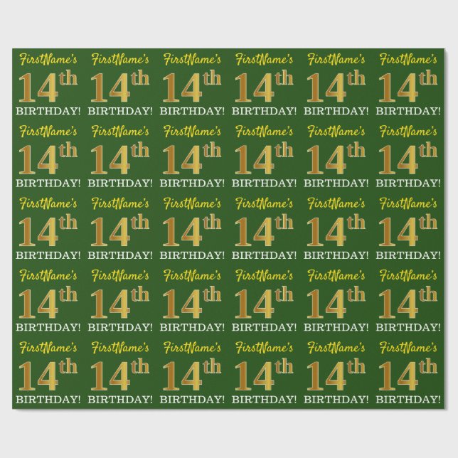 Papel De Presente Verde, Imitação Dourada Olha "14 de ANIVERSÁRIO" (Aberto)
