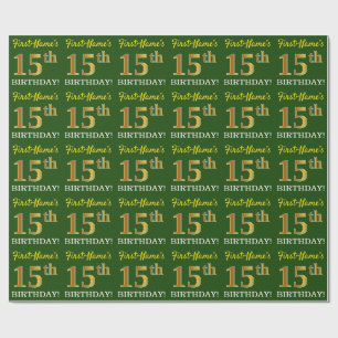 Papel De Presente Verde, Imitação Dourada Olha "15 de ANIVERSÁRIO"