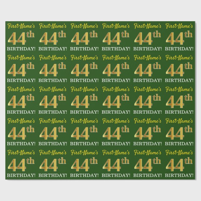 Papel De Presente Verde, Imitação Dourada Olha "44 de ANIVERSÁRIO" (Aberto)