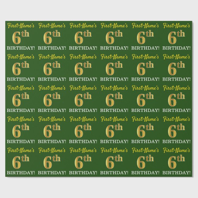 Papel De Presente Verde, Imitação Dourada Olha "6 de ANIVERSÁRIO" (Aberto)