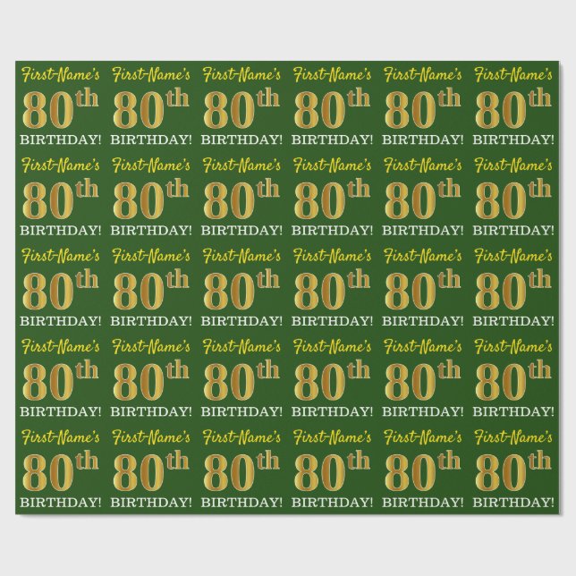 Papel De Presente Verde, Imitação Dourada Olha "80 de ANIVERSÁRIO" (Aberto)