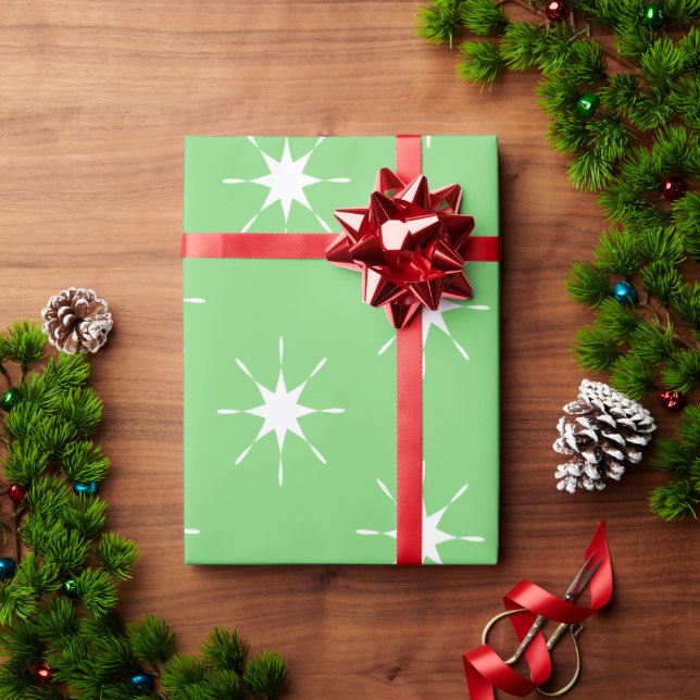 Papel De Presente Verde-Natal e branco com estrelas (Presente de Natal)