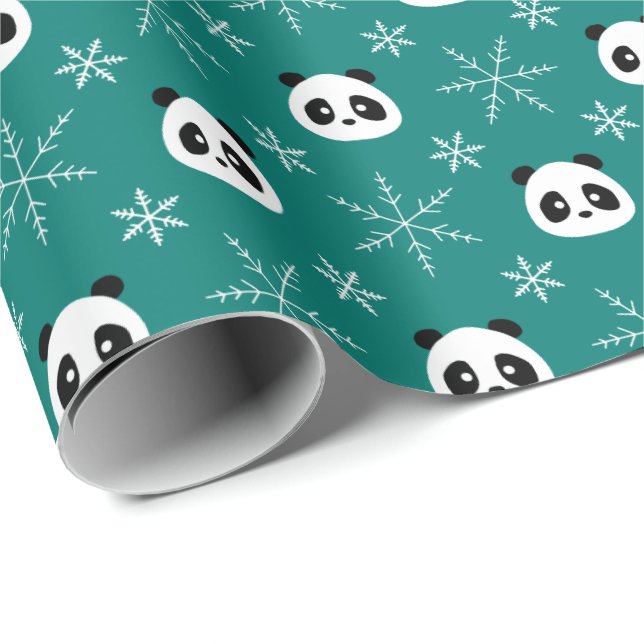 Papel De Presente Verde-pinheiro - Pandas-brancas com Flocos de Neve (Ponta do rolo)