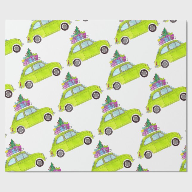 Papel De Presente Verde Retro Fiat 500 Presentes de Natal Aquarela (Aberto)