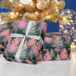 Papel De Presente Verde Rosa Roxo Árvores de Natal Modernas Brancas