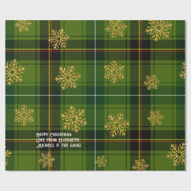 Papel De Presente Verde Tartan Dourado Floco de Neve Personalizado N (Aberto)