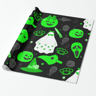 Papel De Presente verde-verde-ácido-fantasma floral de halloween