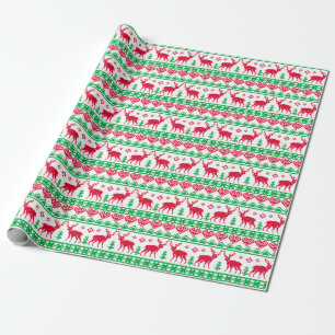 Papel De Presente Verde vermelho da rena foleiro nórdica do Natal