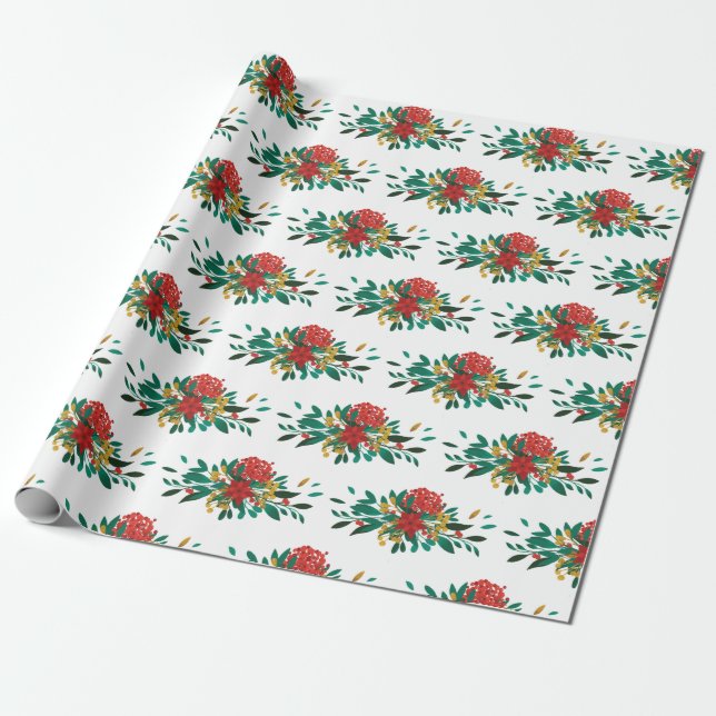 Papel De Presente Verde Vermelho Moderno e Dourado Natal Floral (Desenrolado)