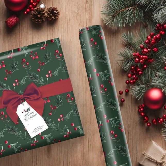 Papel De Presente Verde-Vidro Russo Verde-Vidro Botânico (Rustic Dark Green Christmas Watercolor Botanical Wrapping Paper)