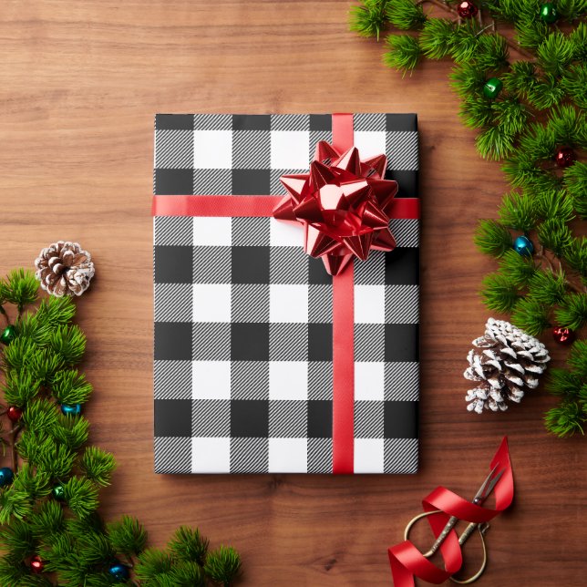 Papel De Presente Verificação de Buffalo Preto e Branco (Presente de Natal)