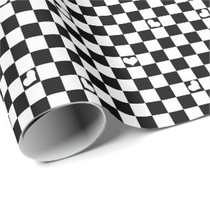 Papel De Presente Verificação Preta E Branca Com Detalhes Do Coração